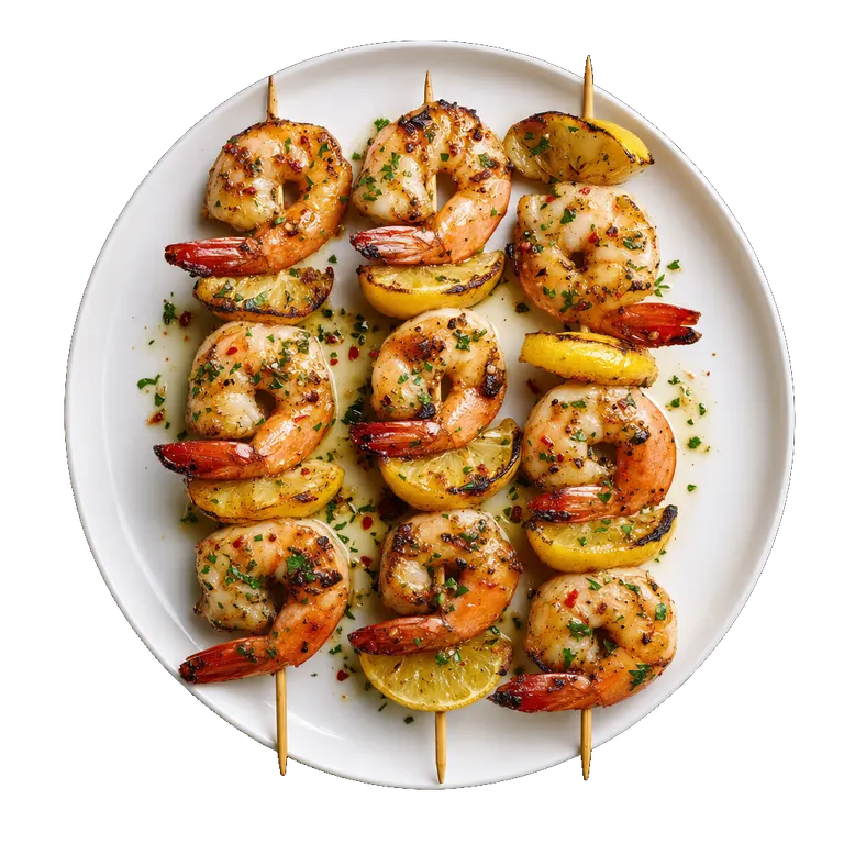 Garlic Butter Prawn Skewers, ready to serve