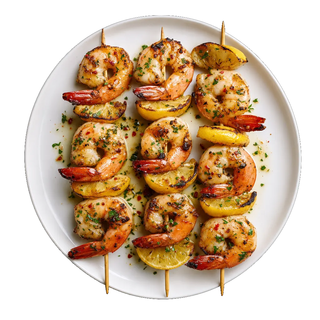 Garlic Butter Prawn Skewers, plated