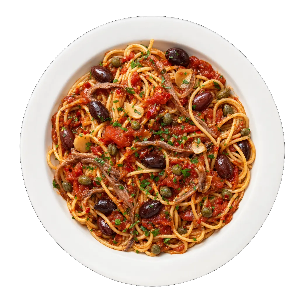 Pasta Puttanesca, plated