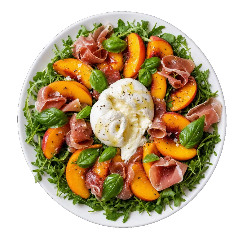 Peach and Burrata Salad, ready to serve