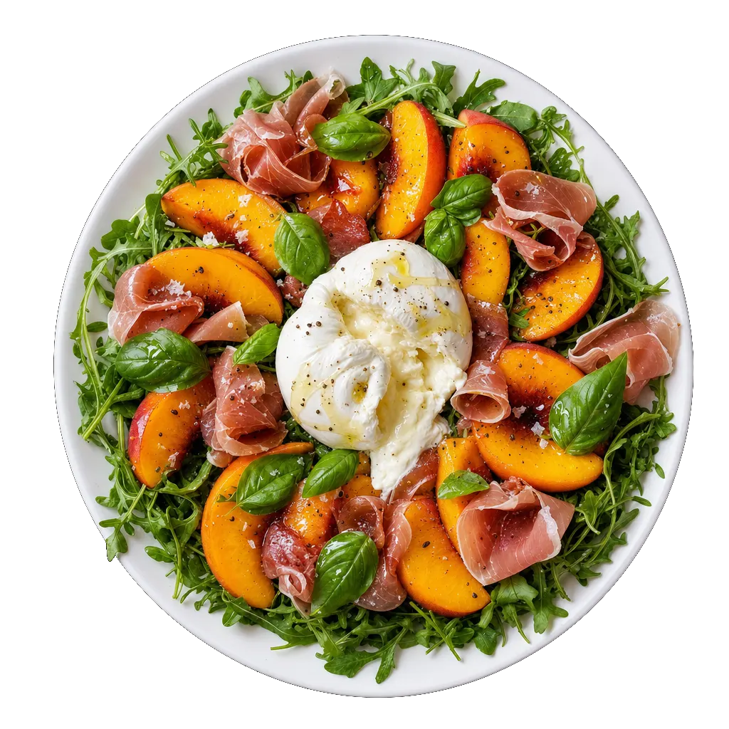 Peach and Burrata Salad, plated