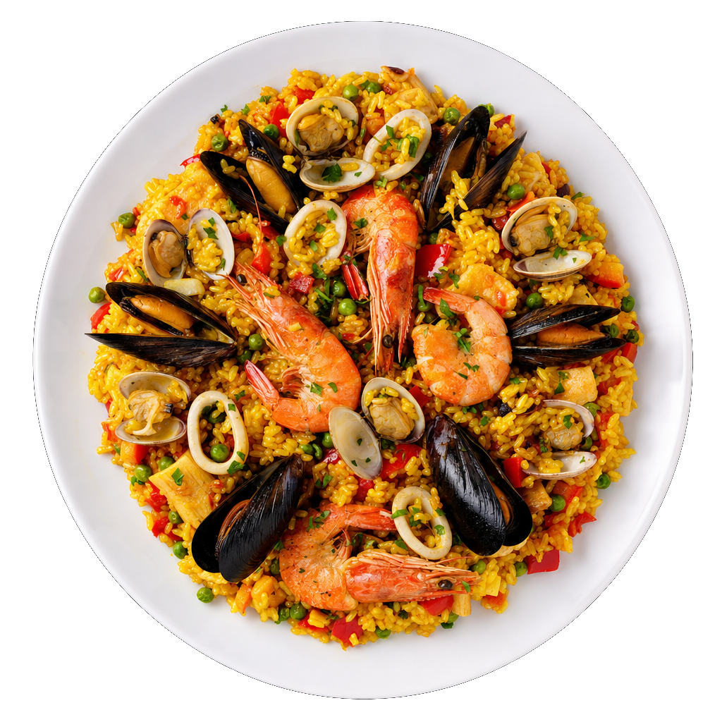 seafood paella, plated