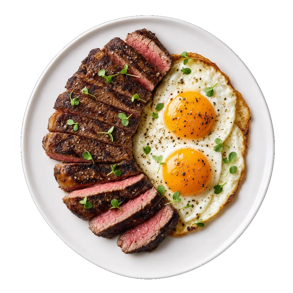 Steak and Eggs, plated