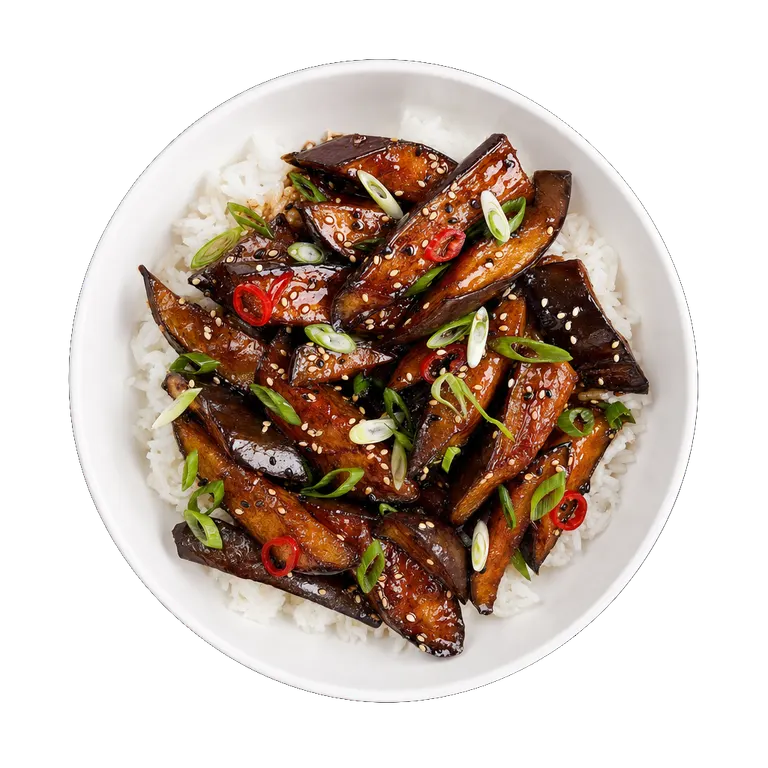 Sticky Aubergine Rice Bowl, ready to serve